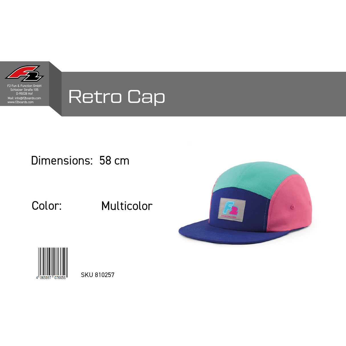 F2 Retro Cap 100% Baumwolle 58cm - Farbe wählbar