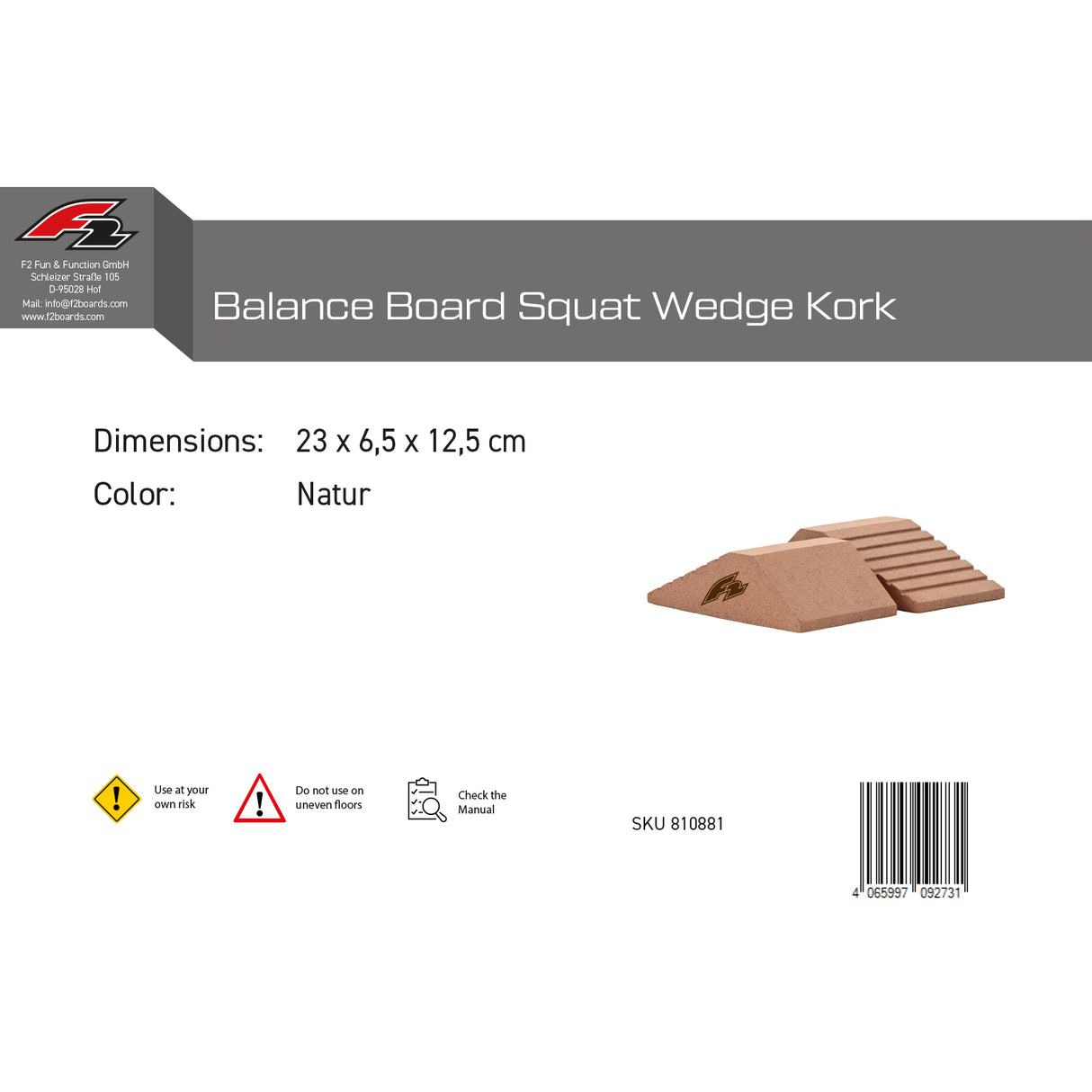 F2 Balance Board Squat Wedge Kork 23cm Natur