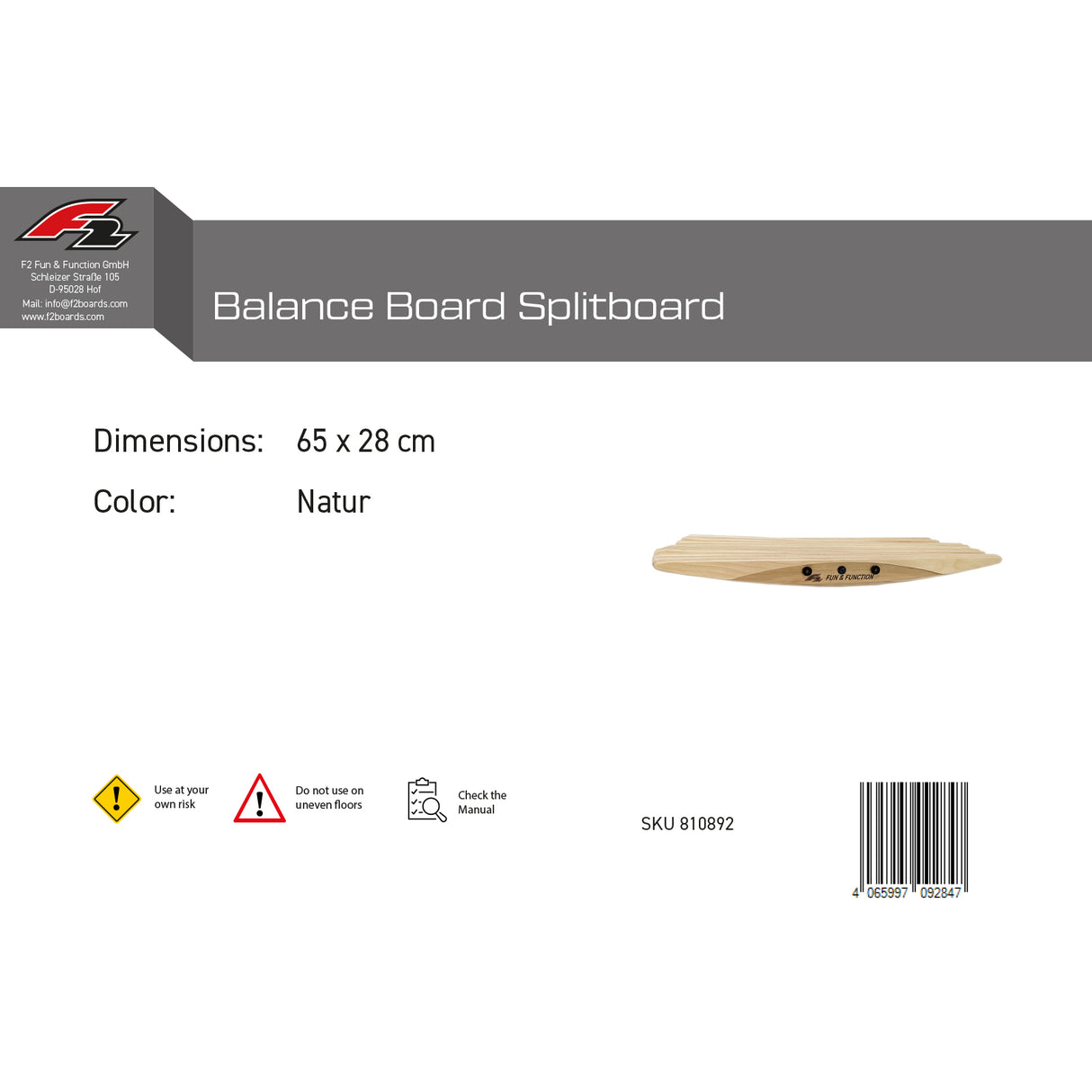F2 Balance Board Splitboard Holz 65x28cm Natur