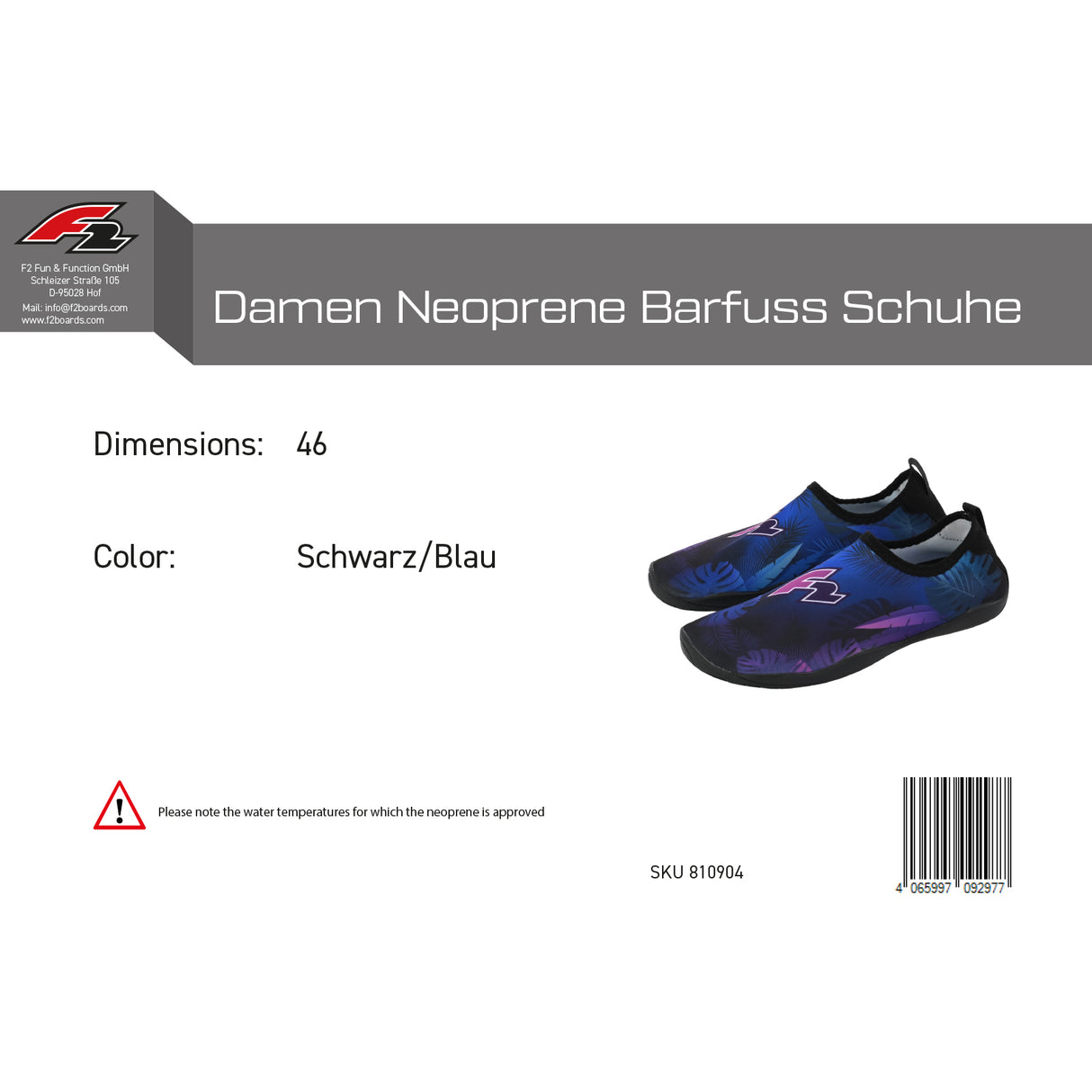 F2 Damen Neopren Schuhe Barfuss Schuhe 46 Schwarz/Blau