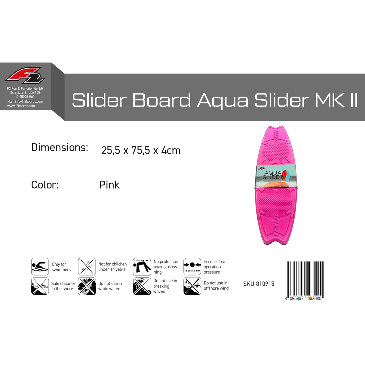 F2 Skim Board Aqua Slider MK II 25,5 x 75,5 x 4cm Pink