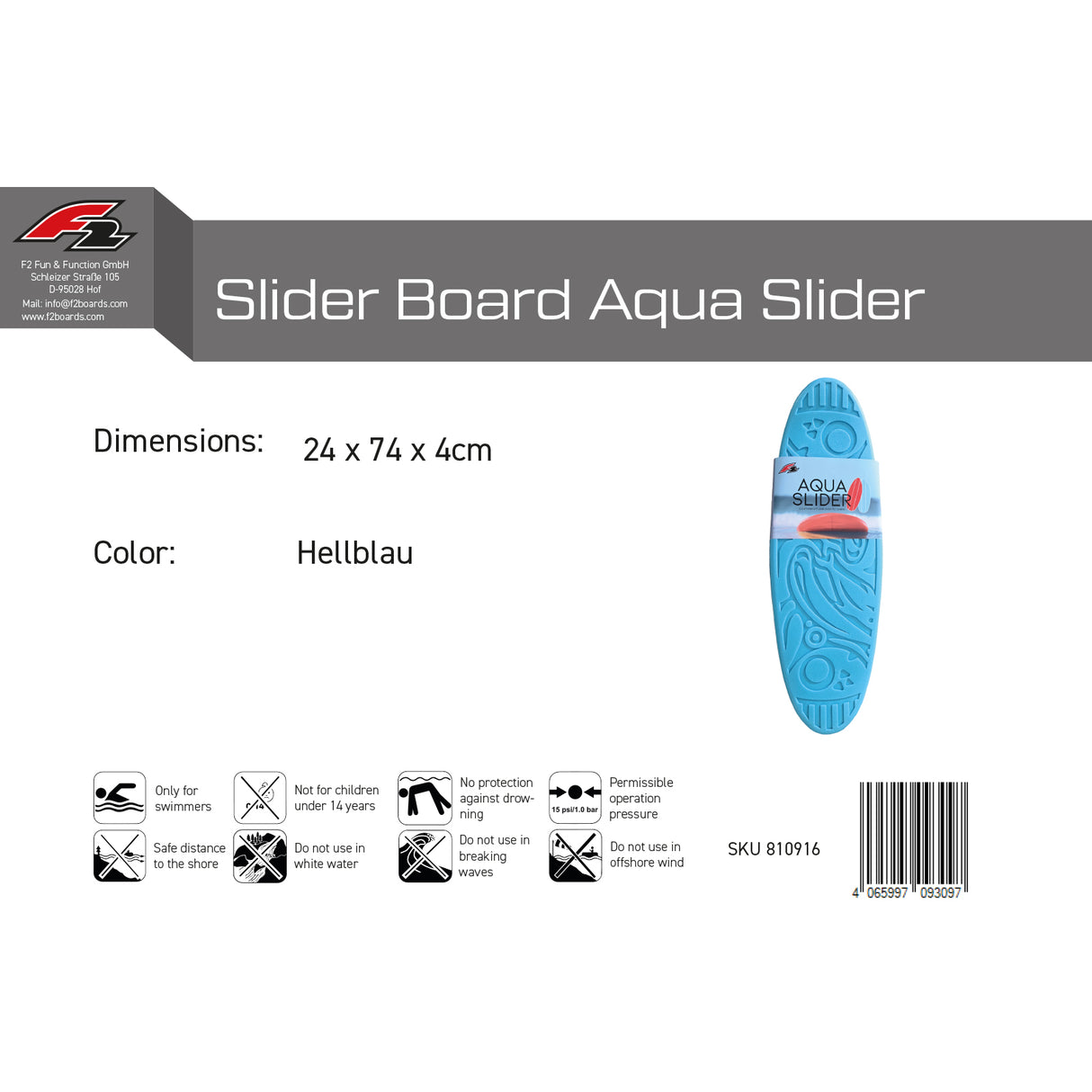 F2 Skim Board Aqua Slider 24 x 74 x 4cm Hellblau