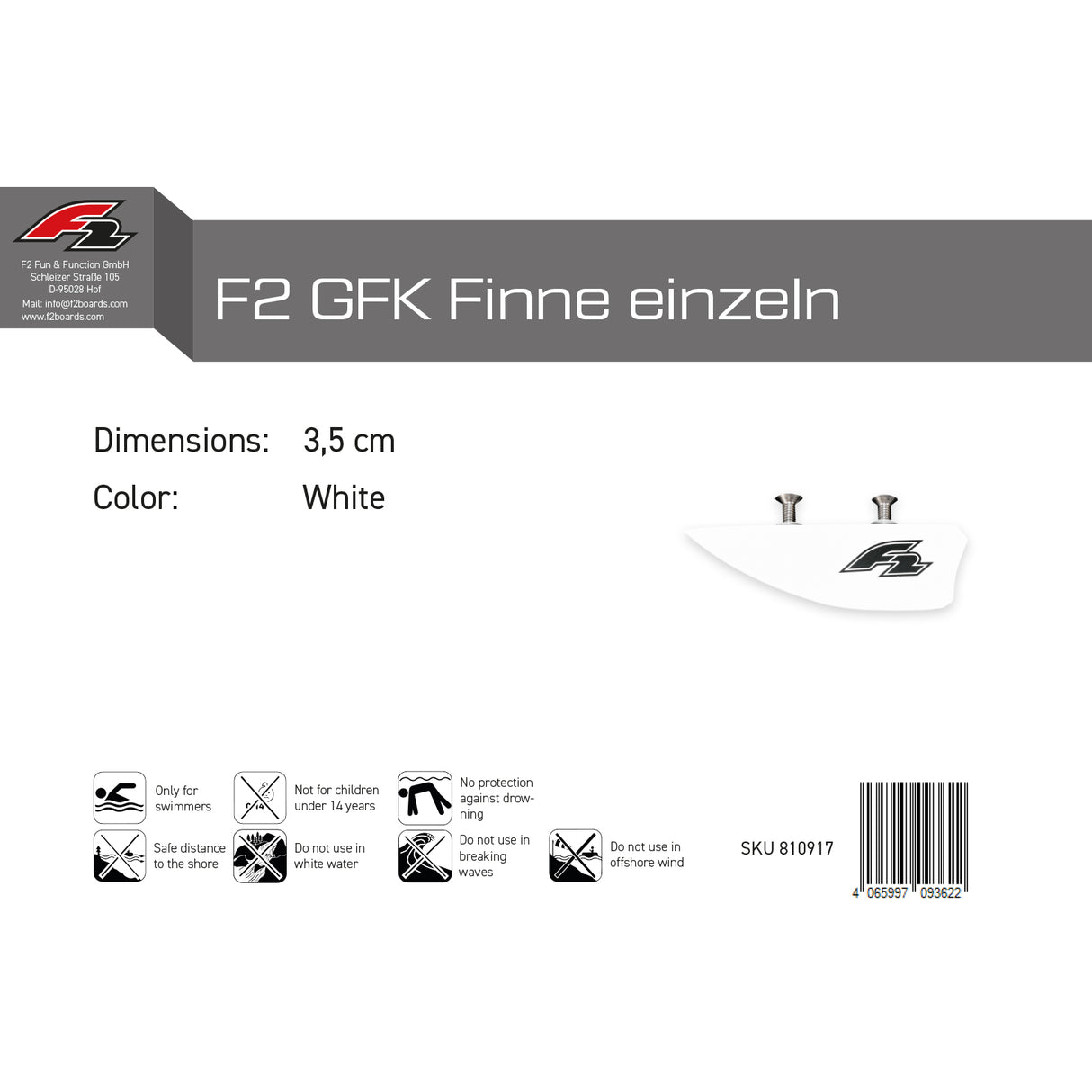 F2 Kiteboard Finne GFK Finne einzeln Weiss - Größe wählbar