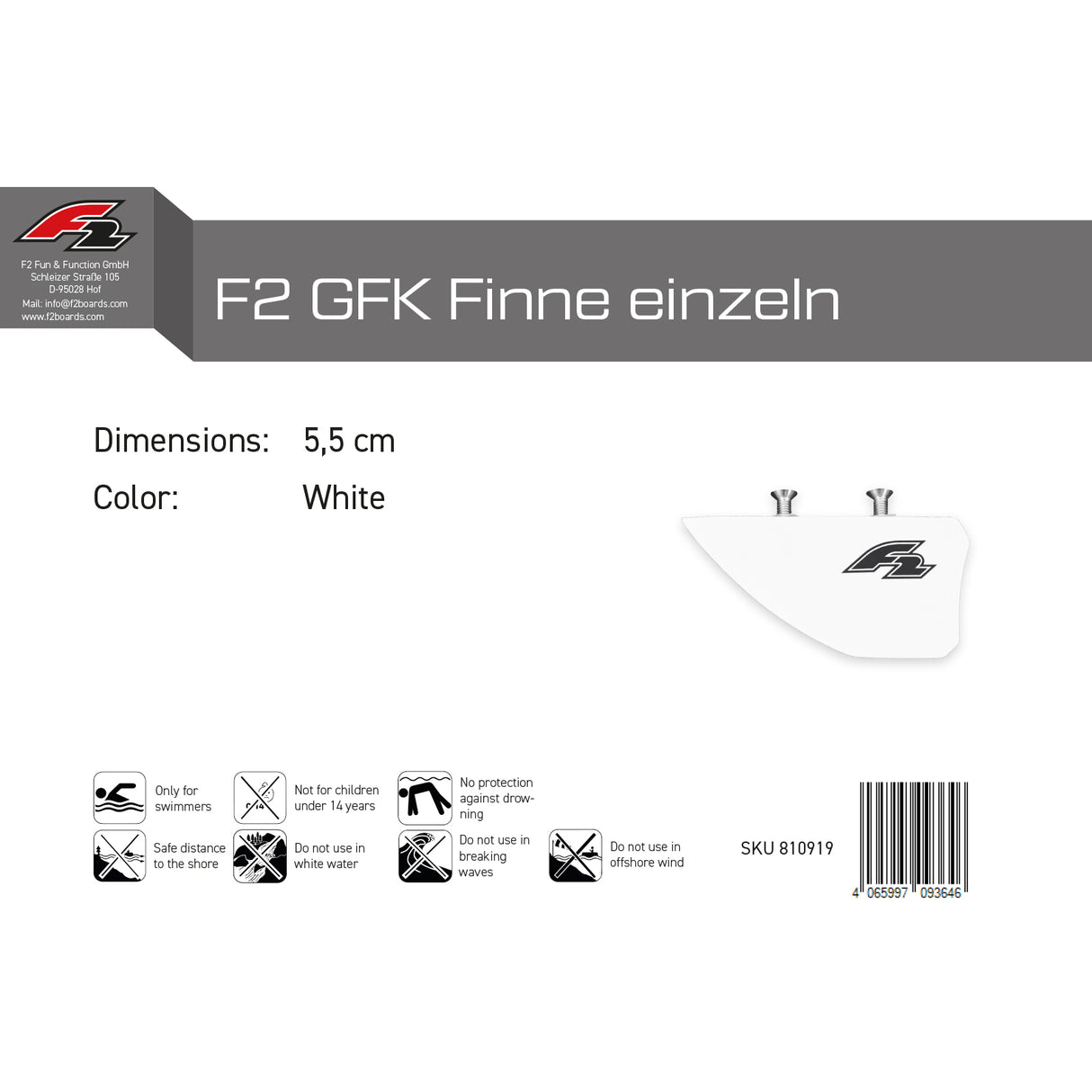 F2 Kiteboard Finne GFK Finne einzeln Weiss - Größe wählbar