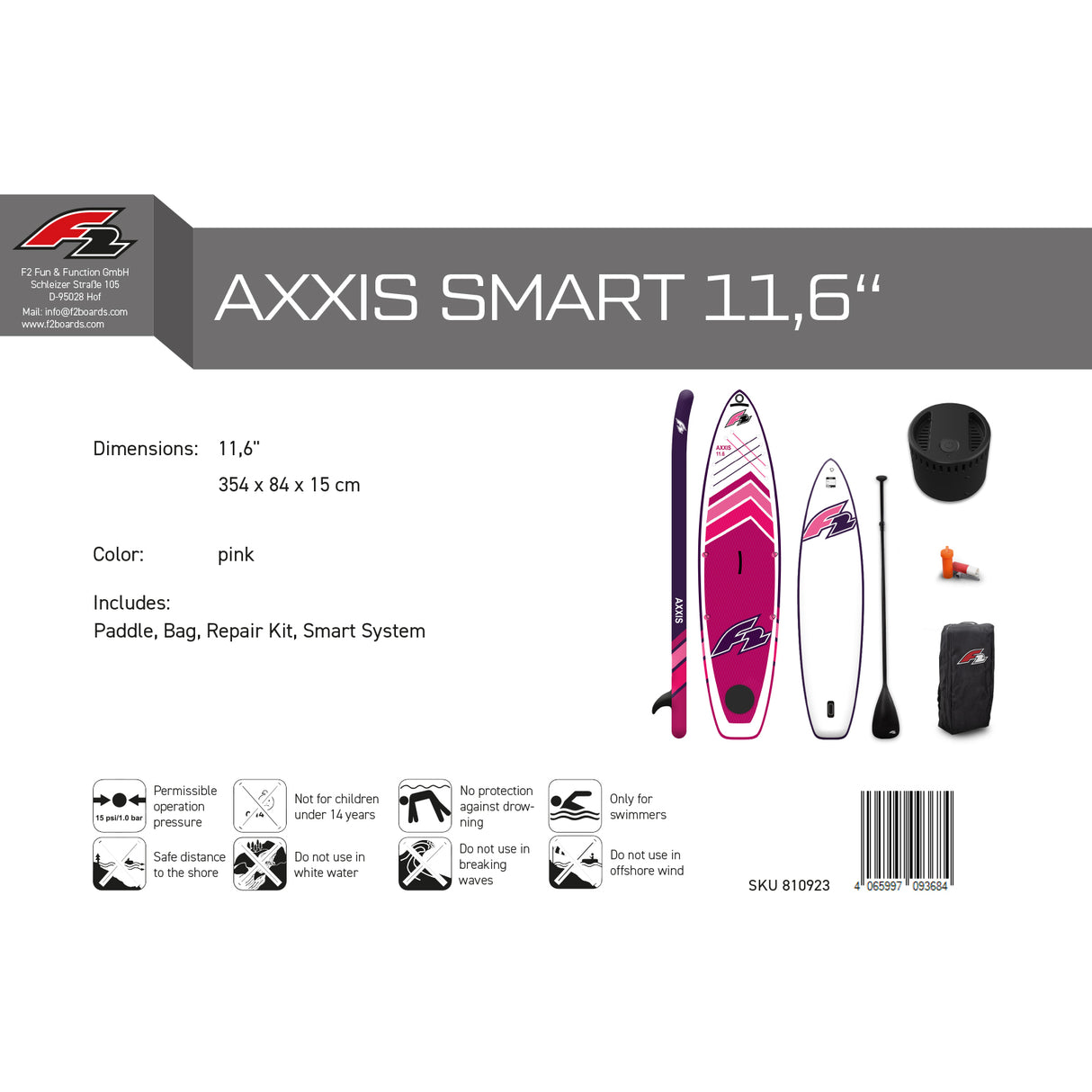 F2 Stand Up Paddle Board AXXIS SMART Damen SUP mit E-Pumpe Größe wählbar