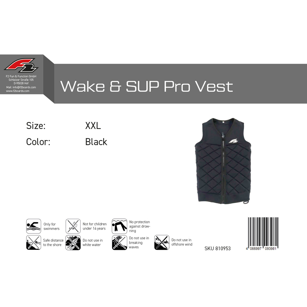 F2 Prallschutzweste Wake & SUP Pro Weste Schwarz - Größe wählbar