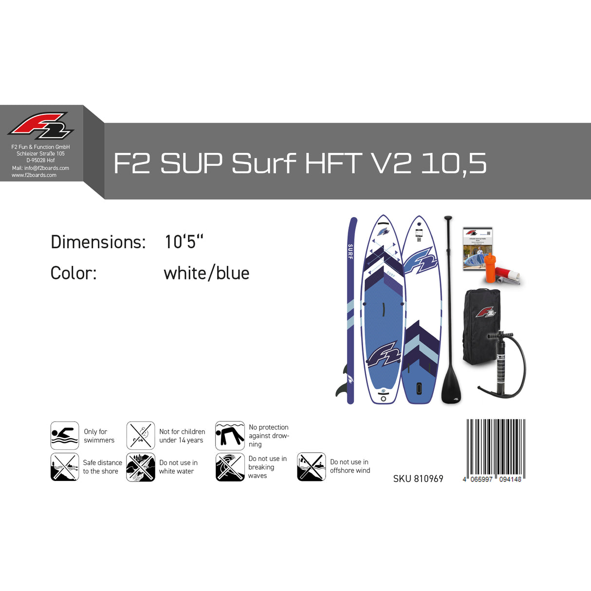 F2 SUP Stand Up Paddle Board Surf HFT Weiss/Blau - Größe wählbar