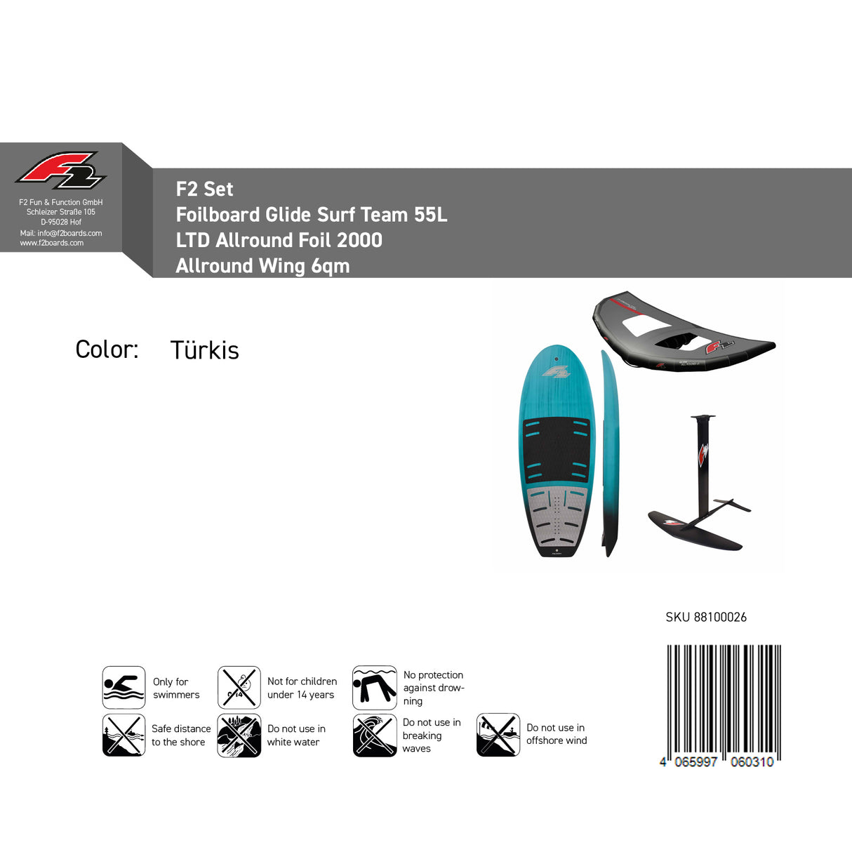 F2 Set Foilboard Glide Surf Team 55L+LTD Allround Foil 2000 +Allround Wing 6qm