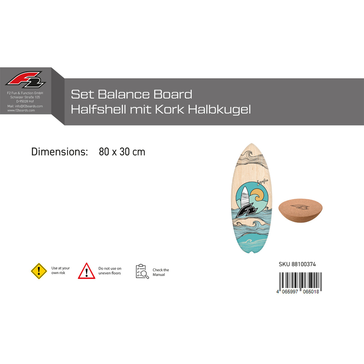 F2 Set Balance Board Halfshell 80x30cm mit Kork Halbkugel