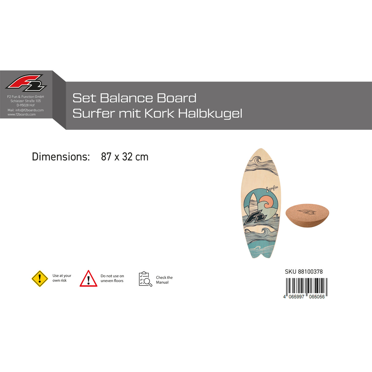 F2 Set Balance Board Surfer 87x32cm mit Kork Halbkugel