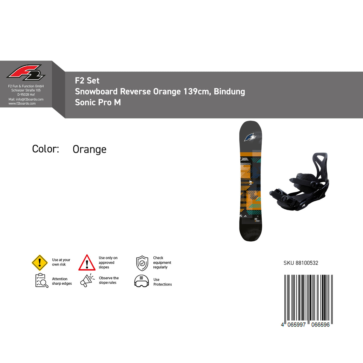 F2 Set Snowboard Reverse Orange mit Bindung Sonic Pro Größen wählbar