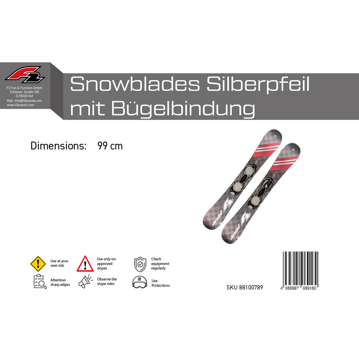 F2 Snowblades Silberpfeil 99cm Set mit Bügelbindung Fun Ski Kurzski
