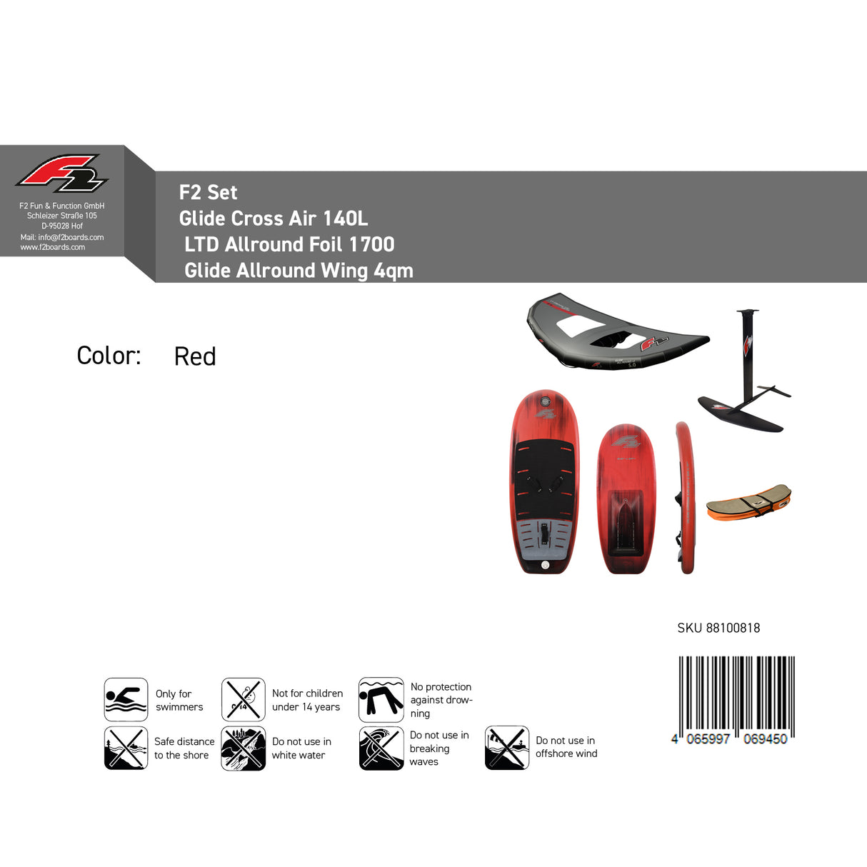 F2 Set Glide Cross Air 140L + LTD Allround Foil 1700 + Glide Allround Wing 4qm