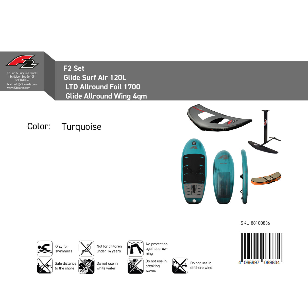 F2 Set Glide Surf Air 120L + LTD Allround Foil 1700 + Glide Allround Wing 4qm