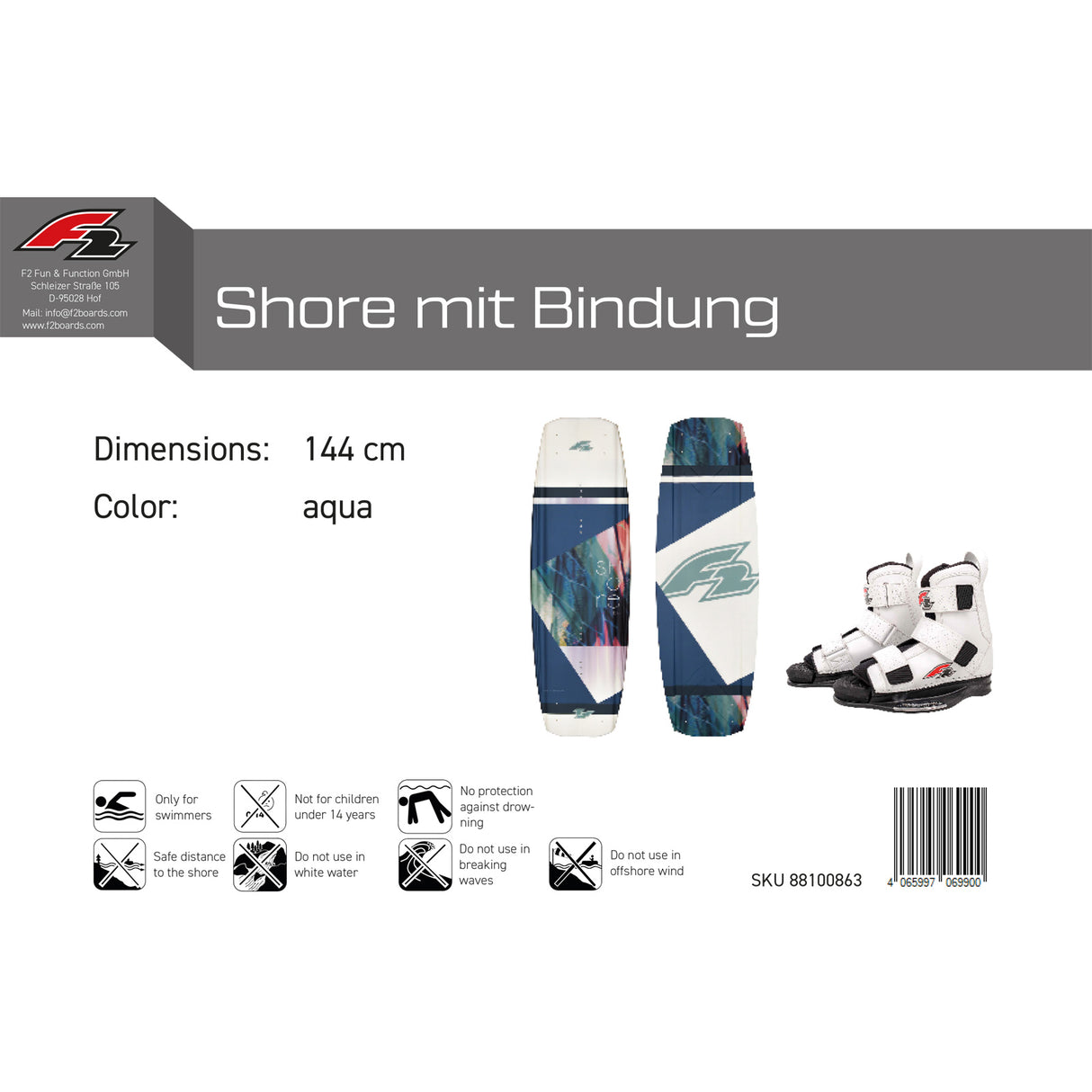 F2 Set Wakeboard Shore Aqua 144cm mit Wakebindung Team Boot L/XL