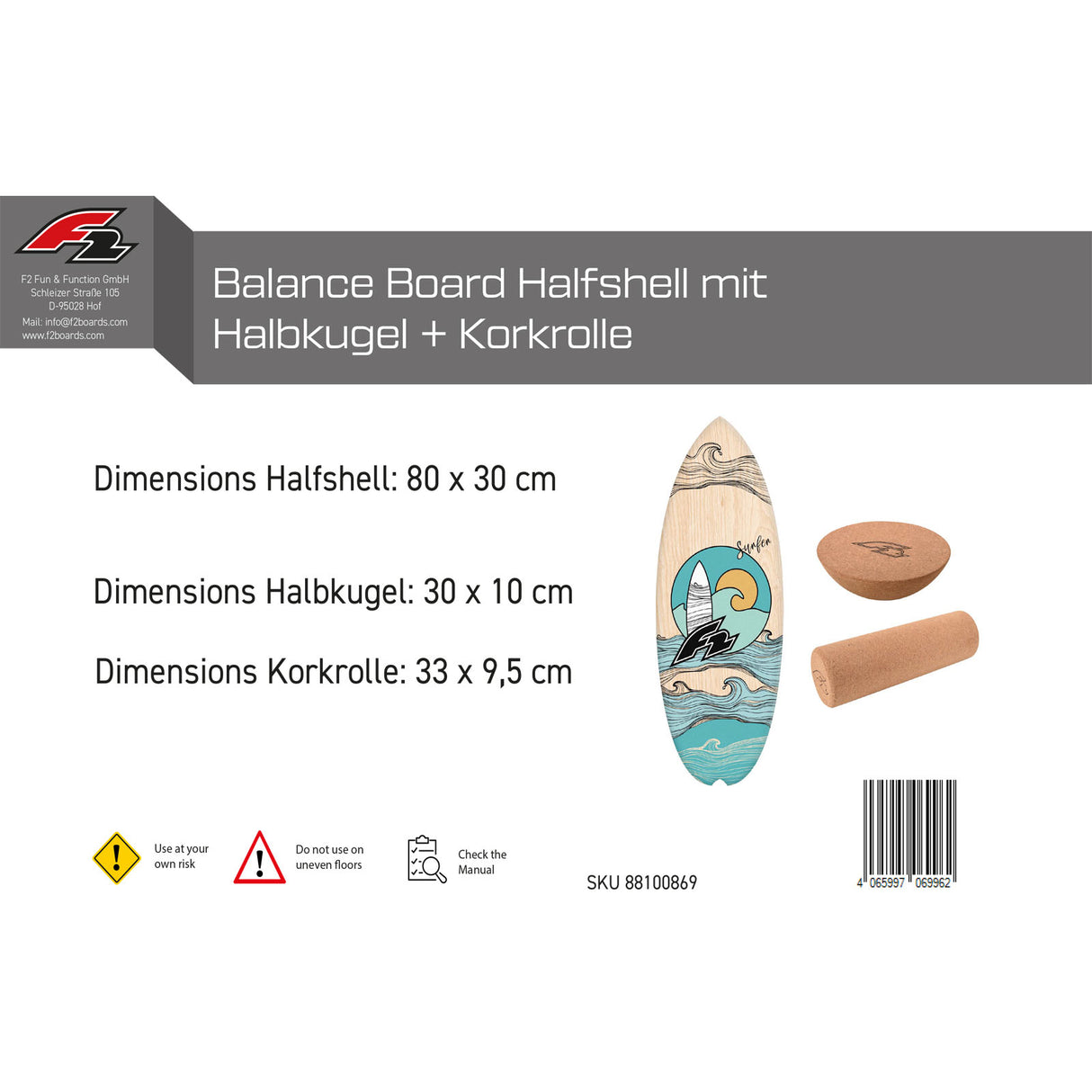 F2 Set Balance Board Halfshell 80x30cm + Halbkugel und Korkrolle