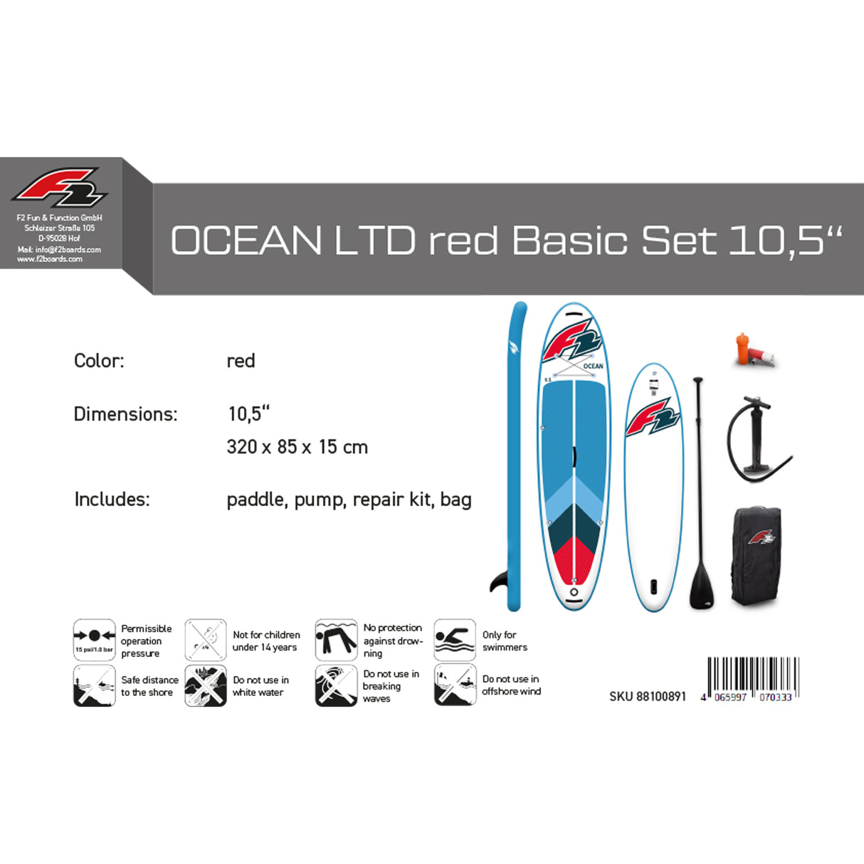 F2 Marken Stand Up Paddle Board Ocean Rot SUP 10'5 320cm + Basic Zubehör Paket
