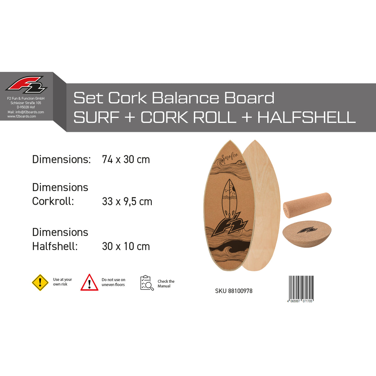 F2 Kork Balance Board Surf 74x30cm mit Korkrolle + Kork Halbkugel