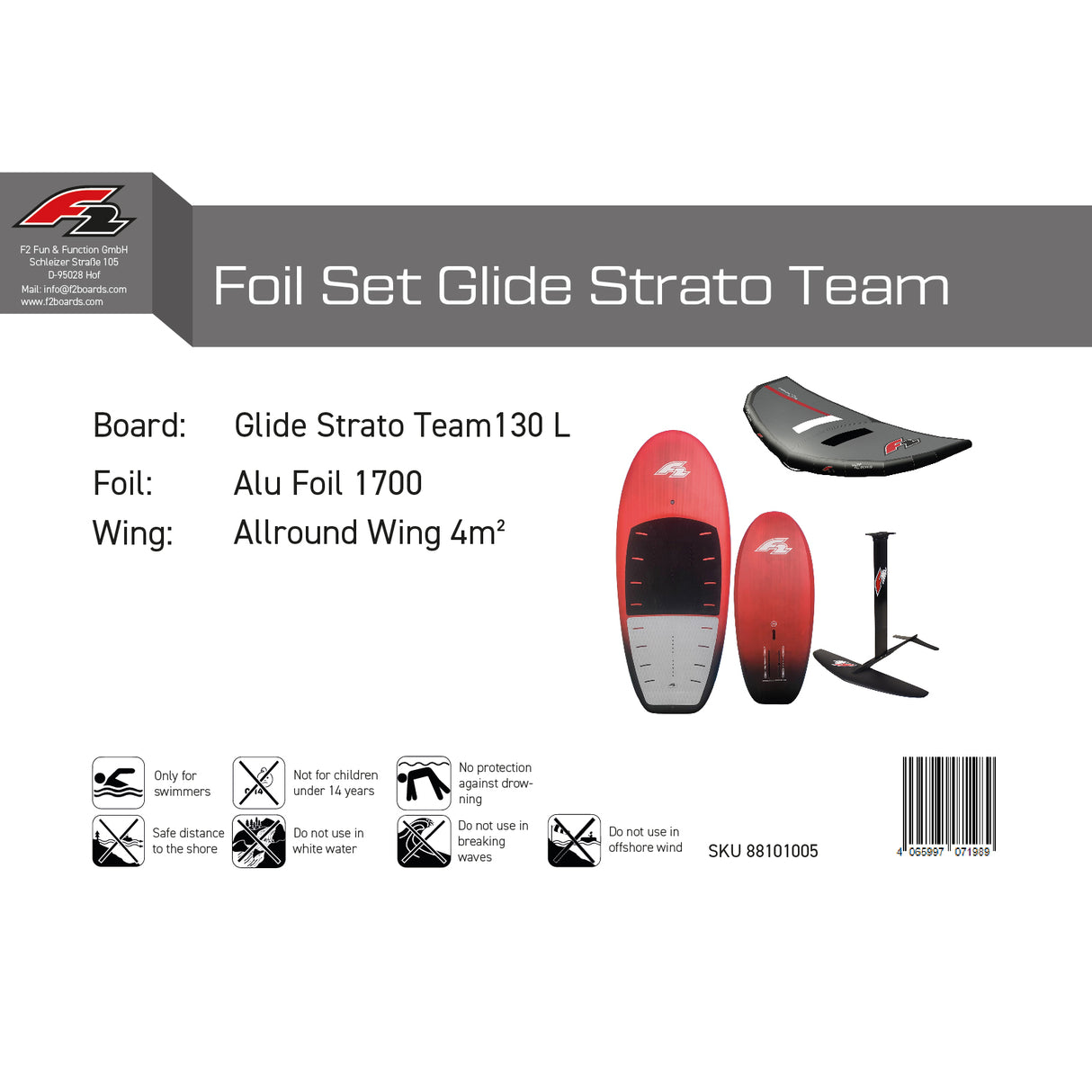 F2 Set Foilboard Glide Strato Team Rot 130L + Alu Foil 1700 + Wing 4qm