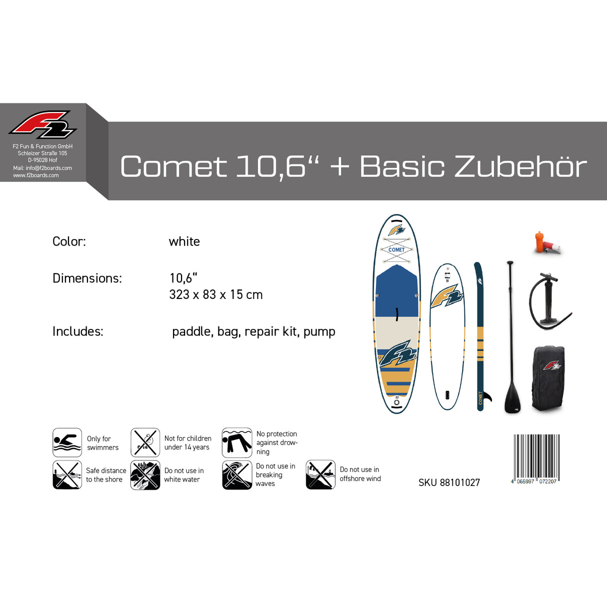 F2 SUP Stand Up Paddle Board Comet - Größe/Farbe/Zubehör wählbar