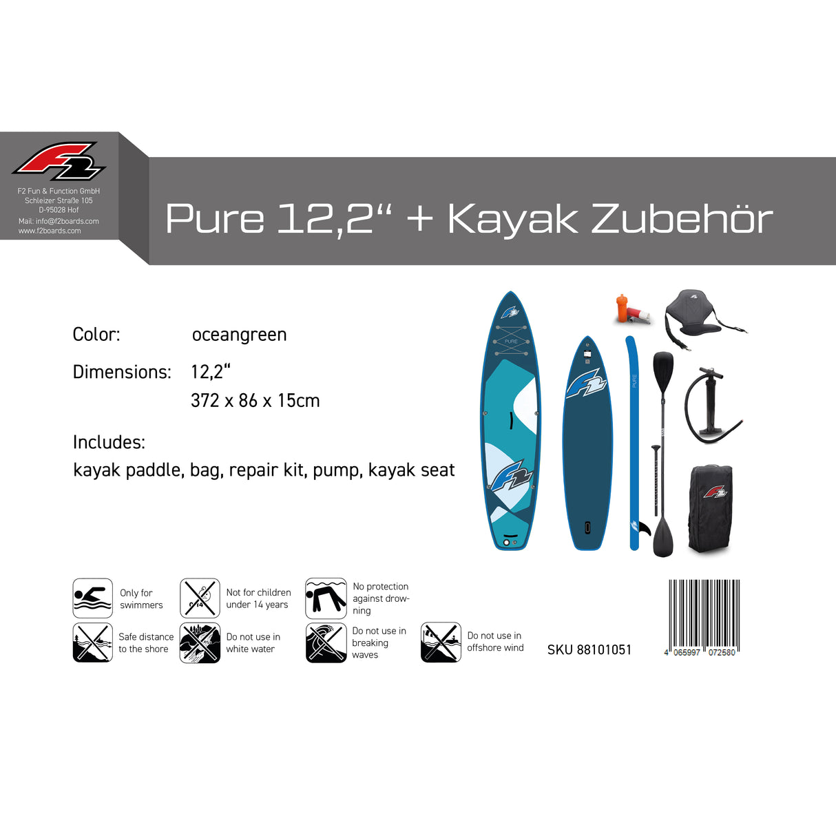 F2 SUP Stand Up Paddle Board Pure - Größe/Farbe/Zubehör wählbar