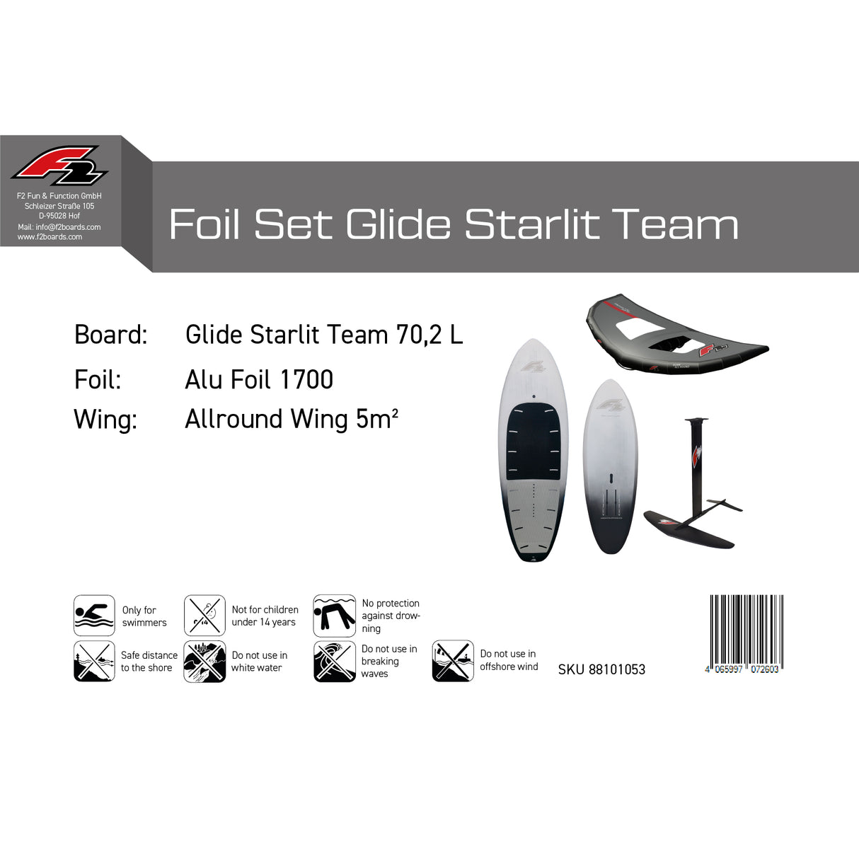 F2 Set Foilboard Starlit Team Grau 70,2L + Alu Foil 1700 + Wing 5qm