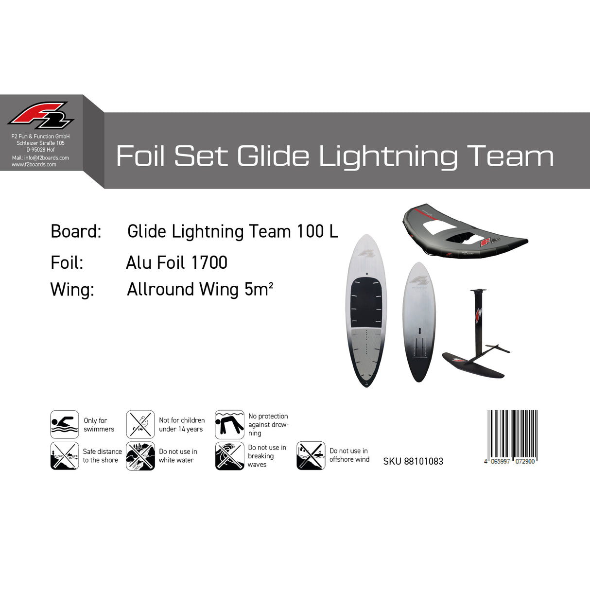 F2 Set Foilboard Lightning Weiss 100L + Alu Foil 1700 + Wing 5qm