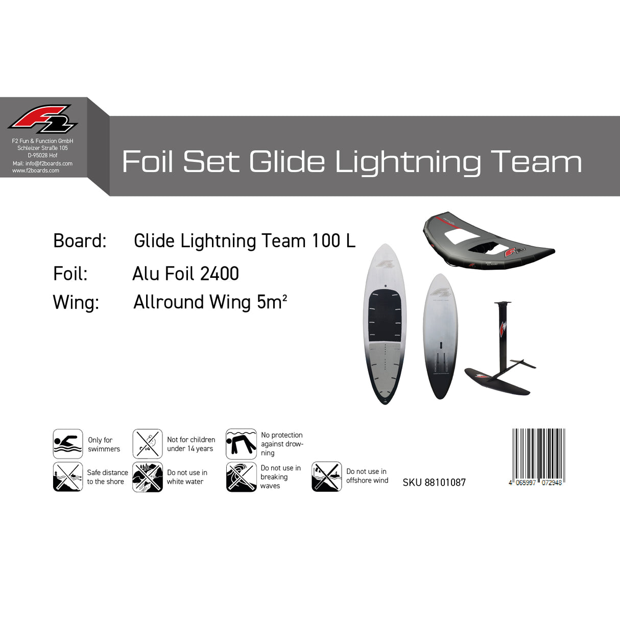 F2 Set Foilboard Lightning Weiss 100L + Alu Foil 2400 + Wing 5qm