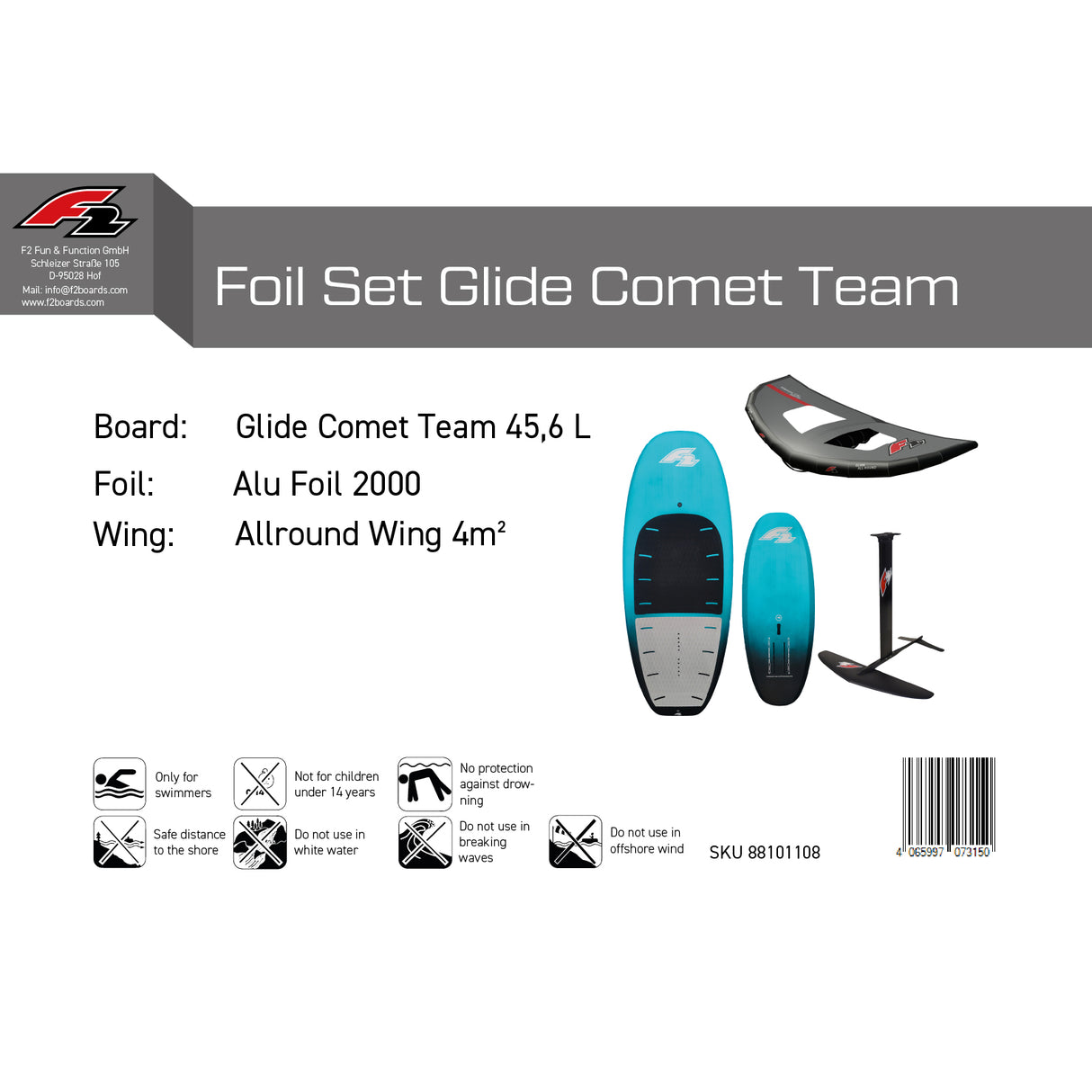 F2 Set Foilboard Comet Team Türkis 45,6L + Alu Foil 2000 + Wing 4qm