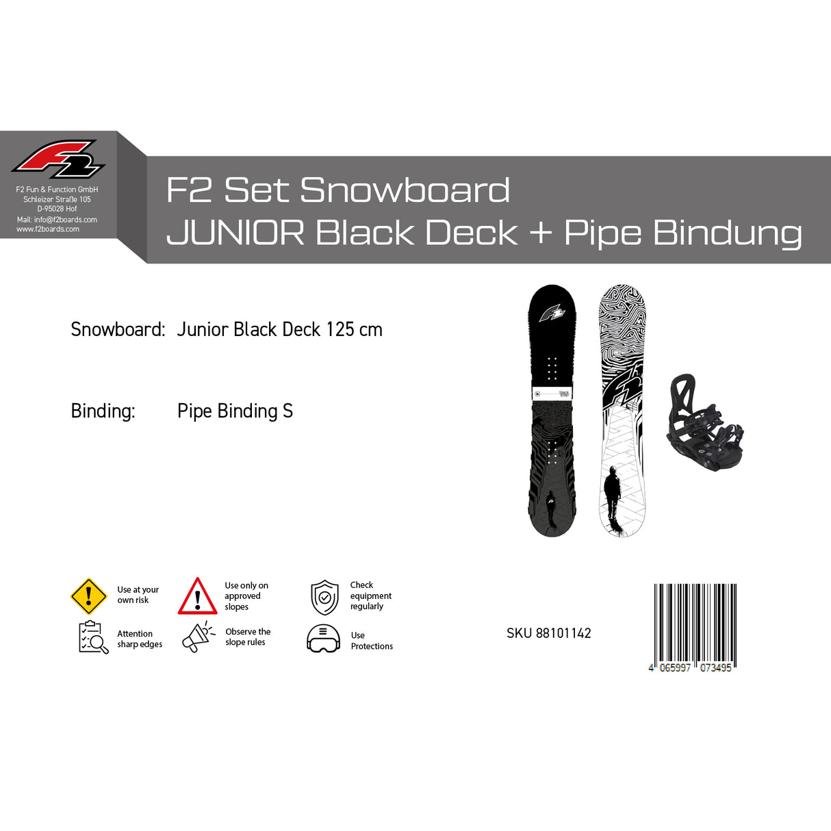 F2 Set Snowboard Junior Black Deck 125cm + Pipe Bindung S