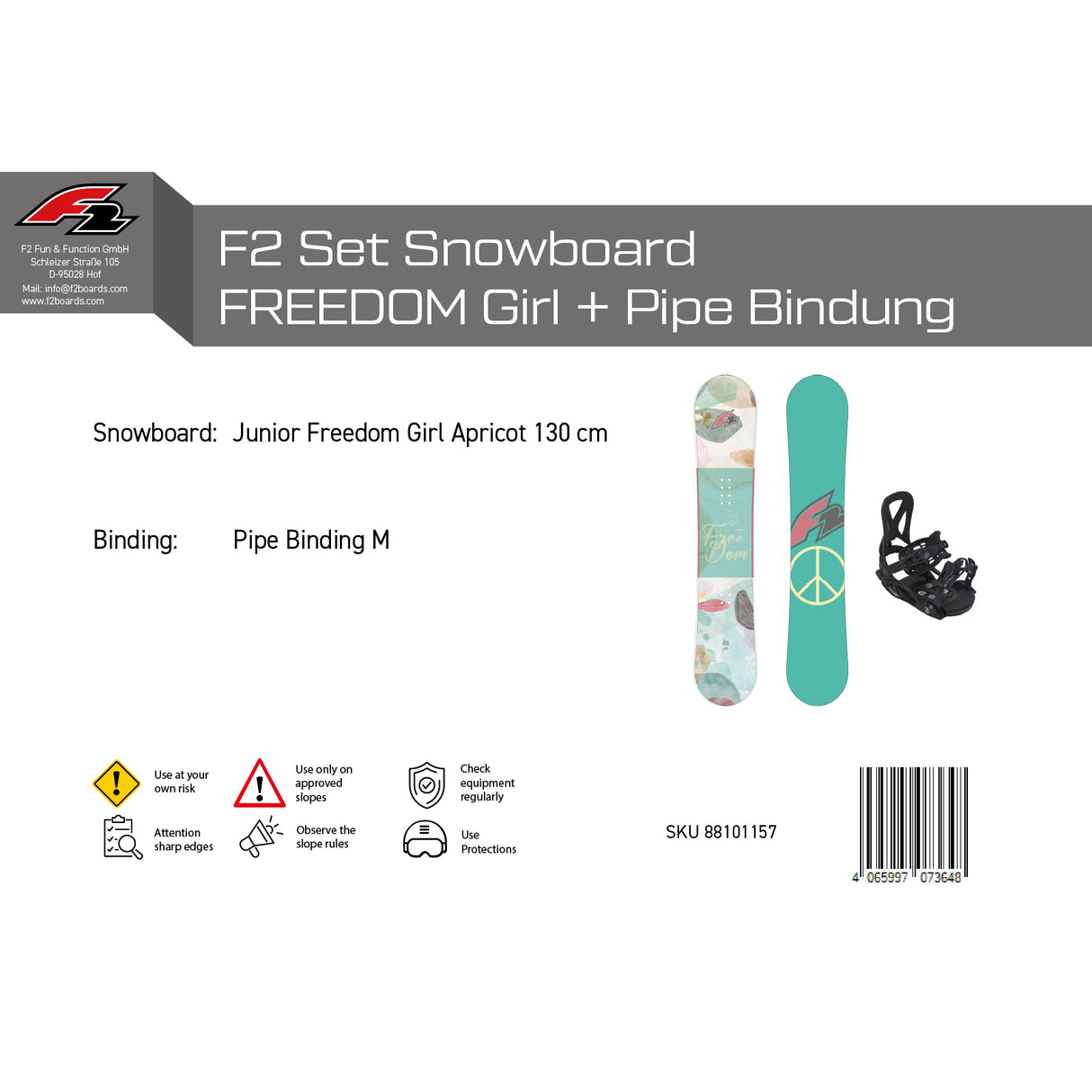 F2 Set Snowboard Junior Freedom Girl Mint 130cm + Pipe Bindung M