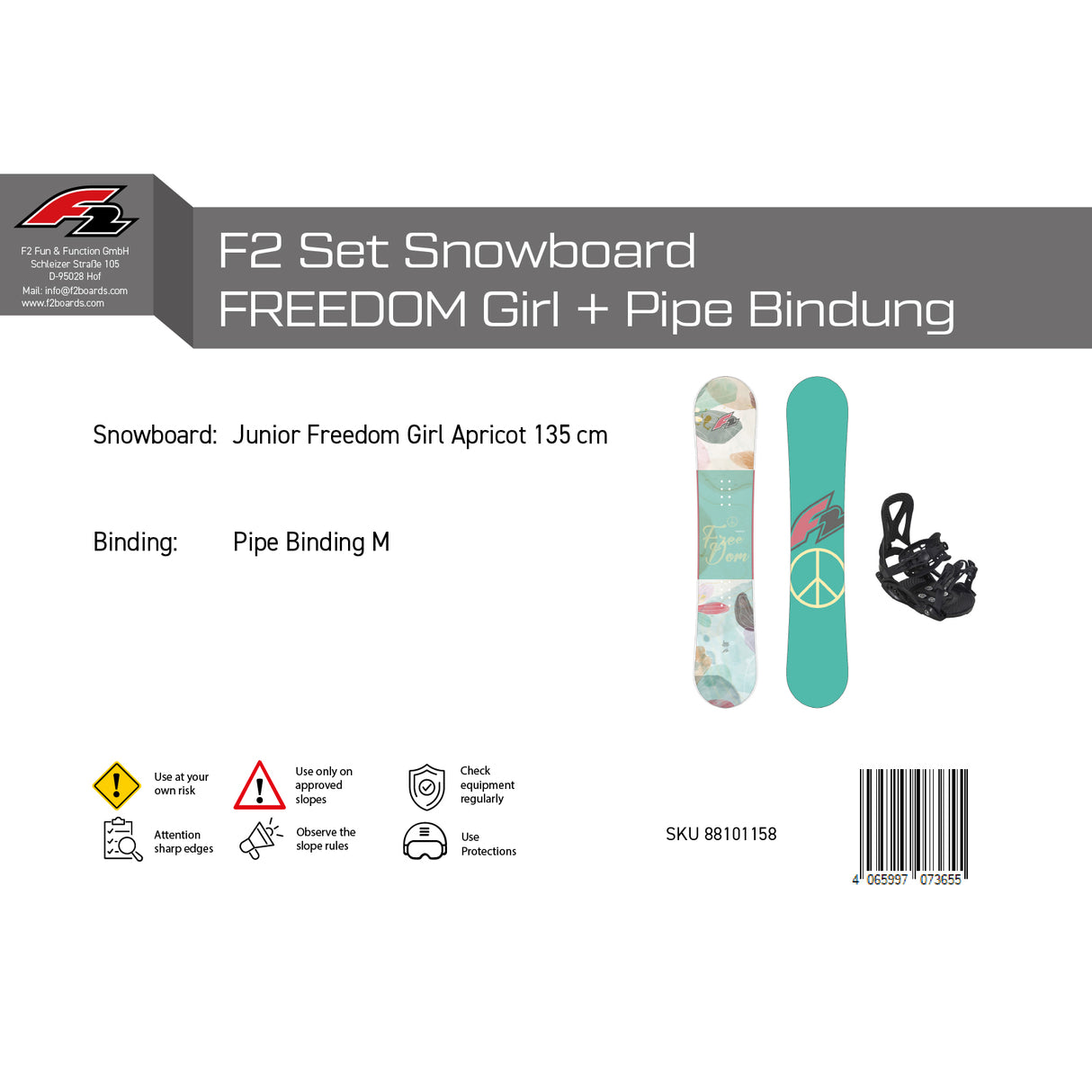 F2 Set Snowboard Junior Freedom Girl Mint 135cm + Pipe Bindung M