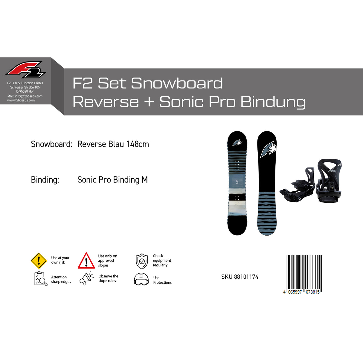 F2 Set Snowboard Reverse Blau 148cm + Sonic Pro Bindung M