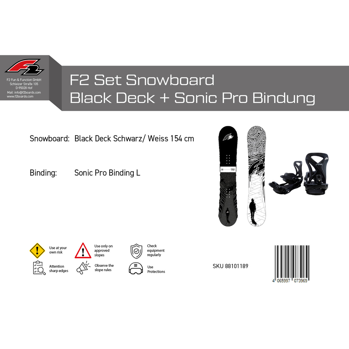 F2 Set Snowboard Blackdeck Schwarz/Weiss 154cm + Sonic Pro Bindung L