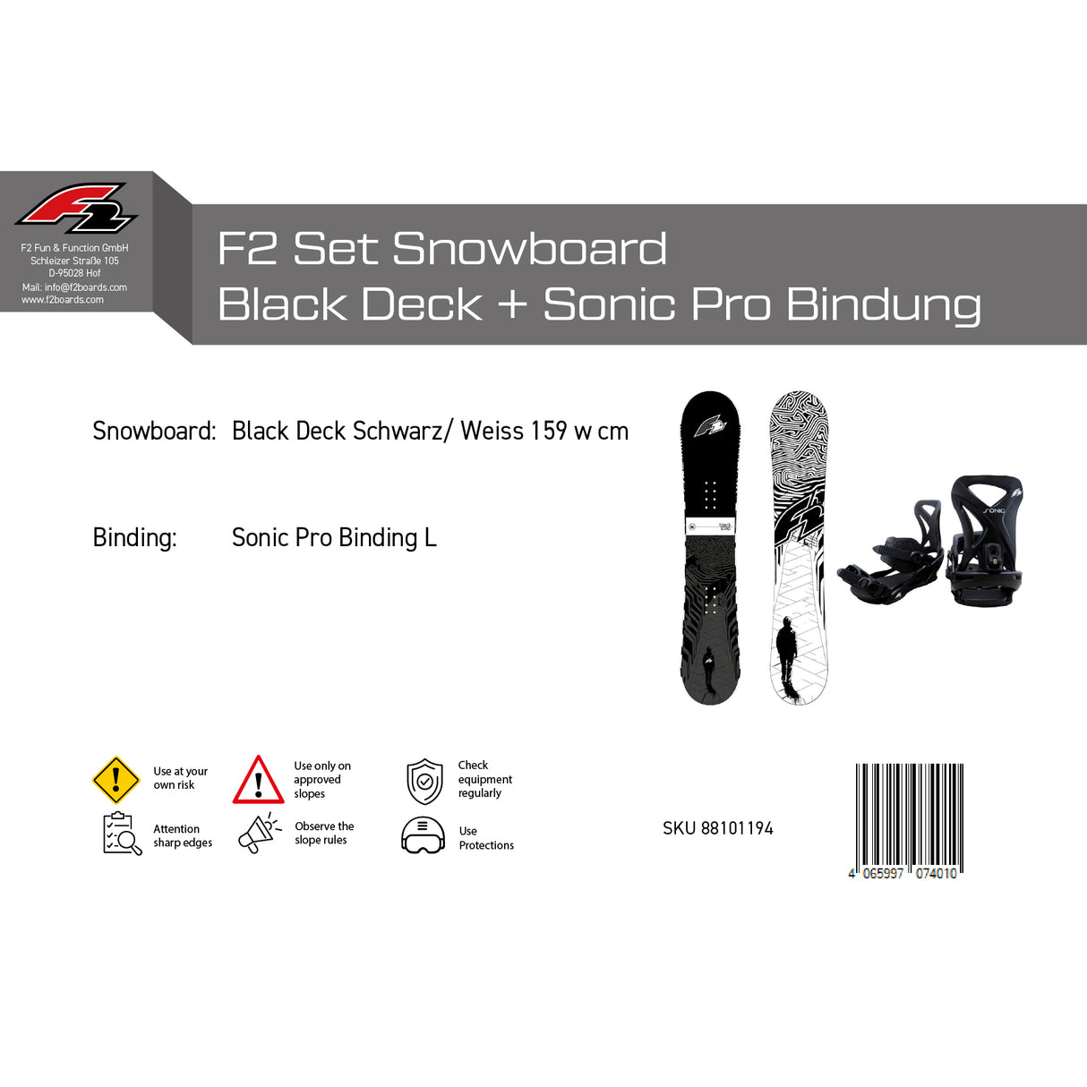F2 Set Snowboard Blackdeck Wide Schwarz/Weiss 159w cm + Sonic Pro Bindung L