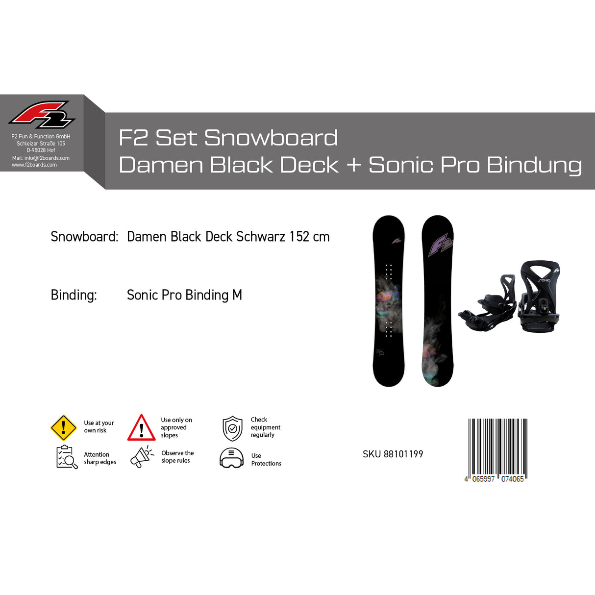 F2 Set Damen Snowboard Blackdeck Schwarz 152cm + Sonic Pro Bindung M