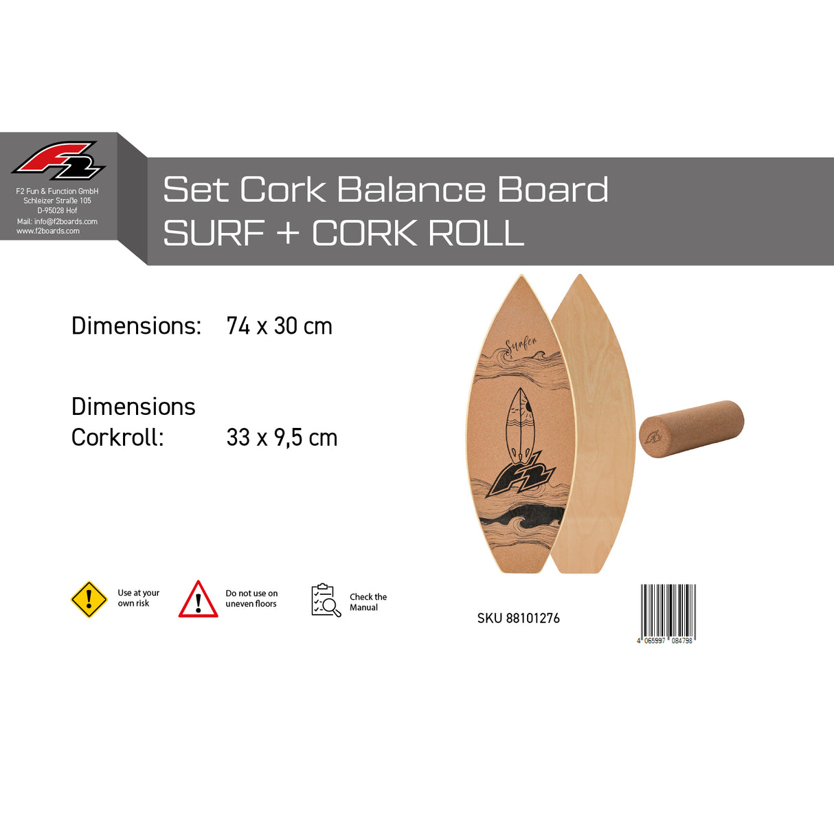 F2 Set Kork Balance Board Surf Flat Shape 74x30cm + Korkrolle