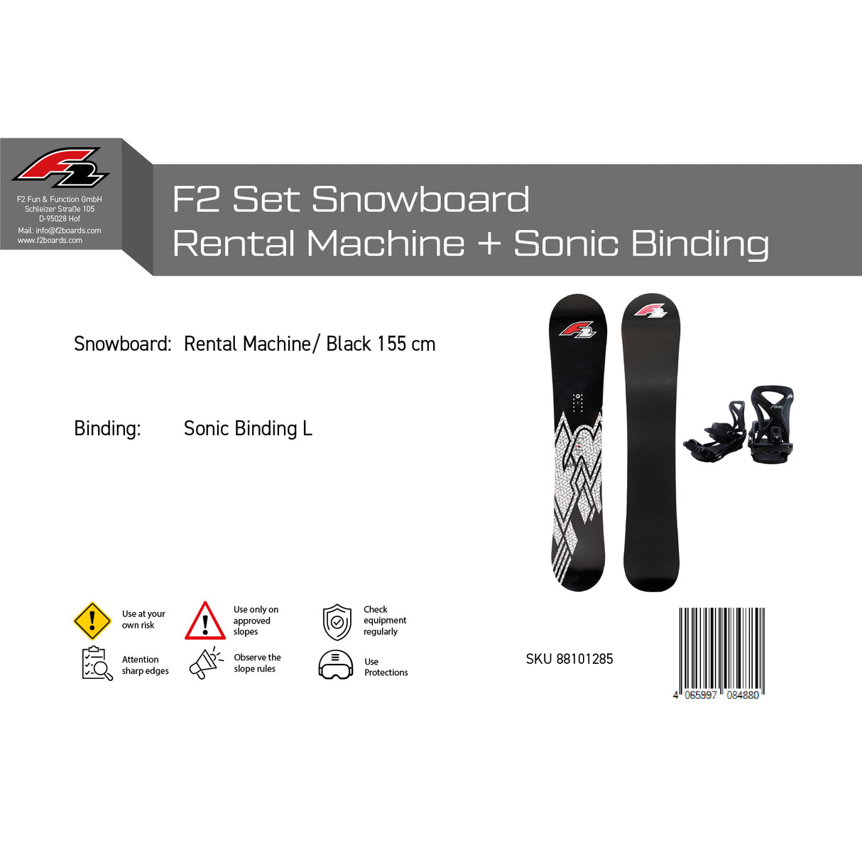 F2 Set Snowboard Rental Machine 155cm + Sonic Bindung L