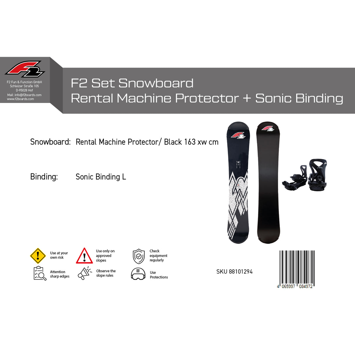 F2 Set Snowboard Rental Machine mit Protector 163xw cm + Bindung L