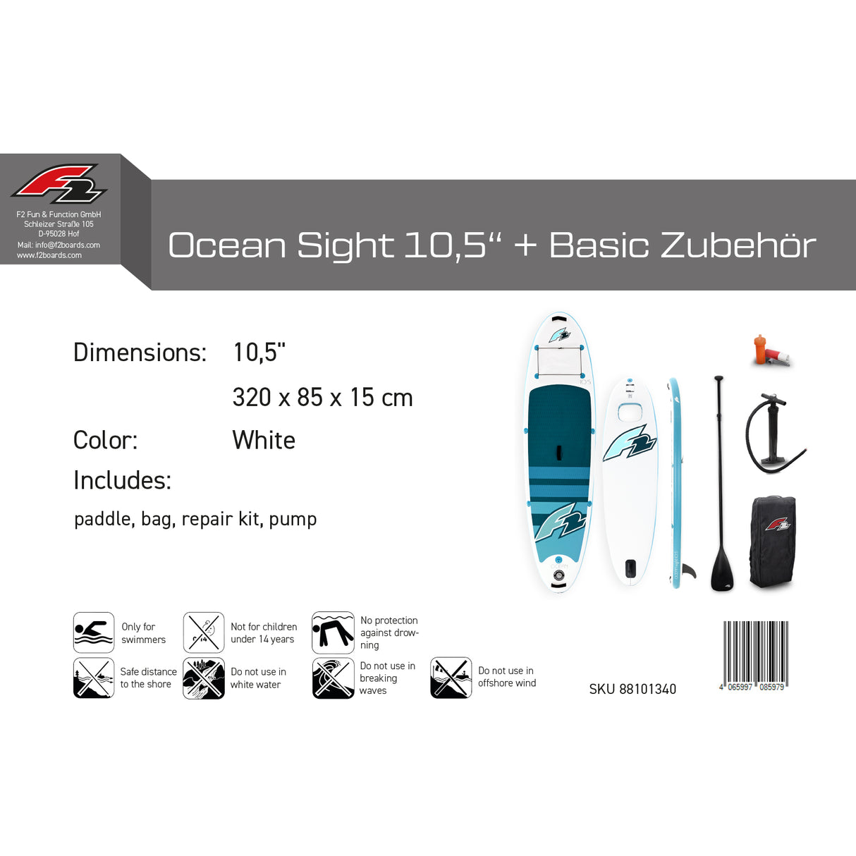 F2 Set Stand Up Paddle Board Ocean Sight Weiss 10,5 + Basic Zubehör Paket