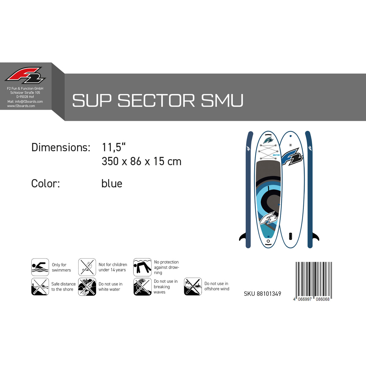 F2 SUP Stand Up Paddle Board Sector SMU Blau 350cm Board Only 11,5