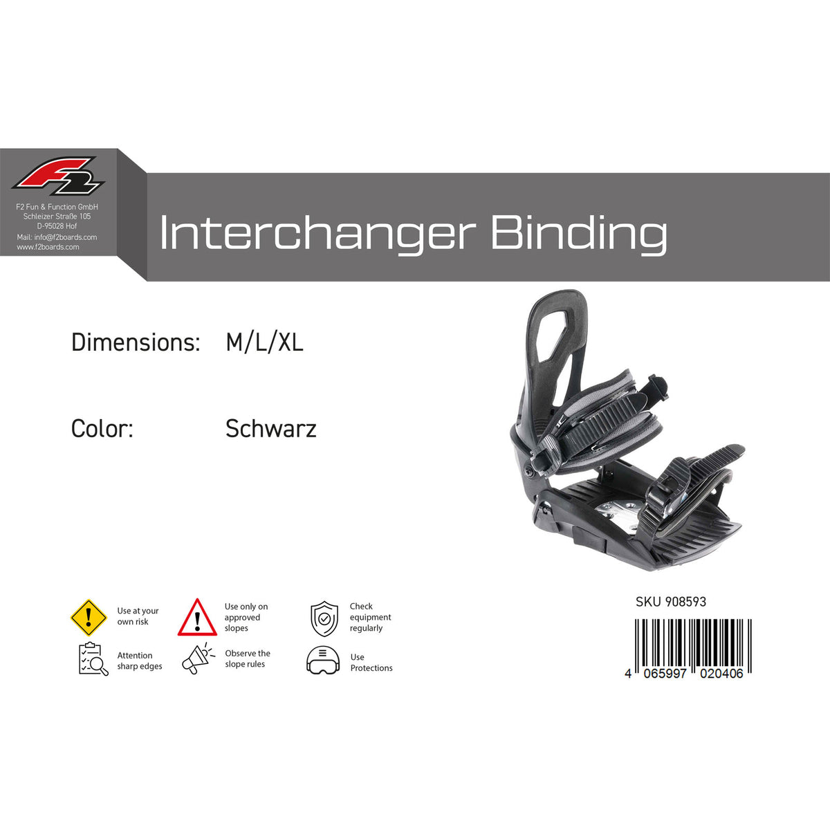 F2 Snowboard Softbindung Interchanger Binding Größe wählbar Schwarz