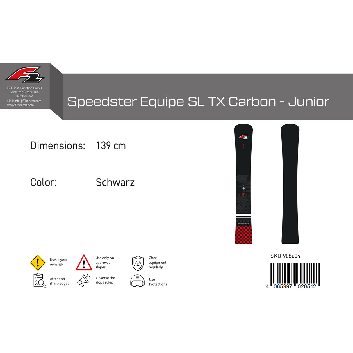 F2 Junior Snowboard Speedster Equipe SL TX Carbon Größe wählbar Schwarz 2023/24