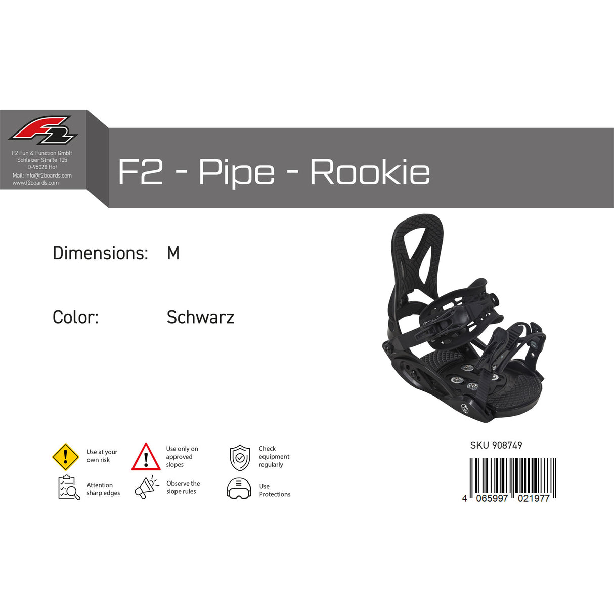 F2 Junior Snowboard Bindung F2 - Pipe - Rookie S-M Größe wählbar Schwarz