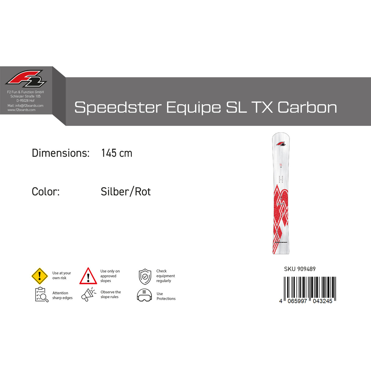 F2 Junior Snowboard Speedster Equipe SL TX Carbon Race Silber/Rot 2024/25