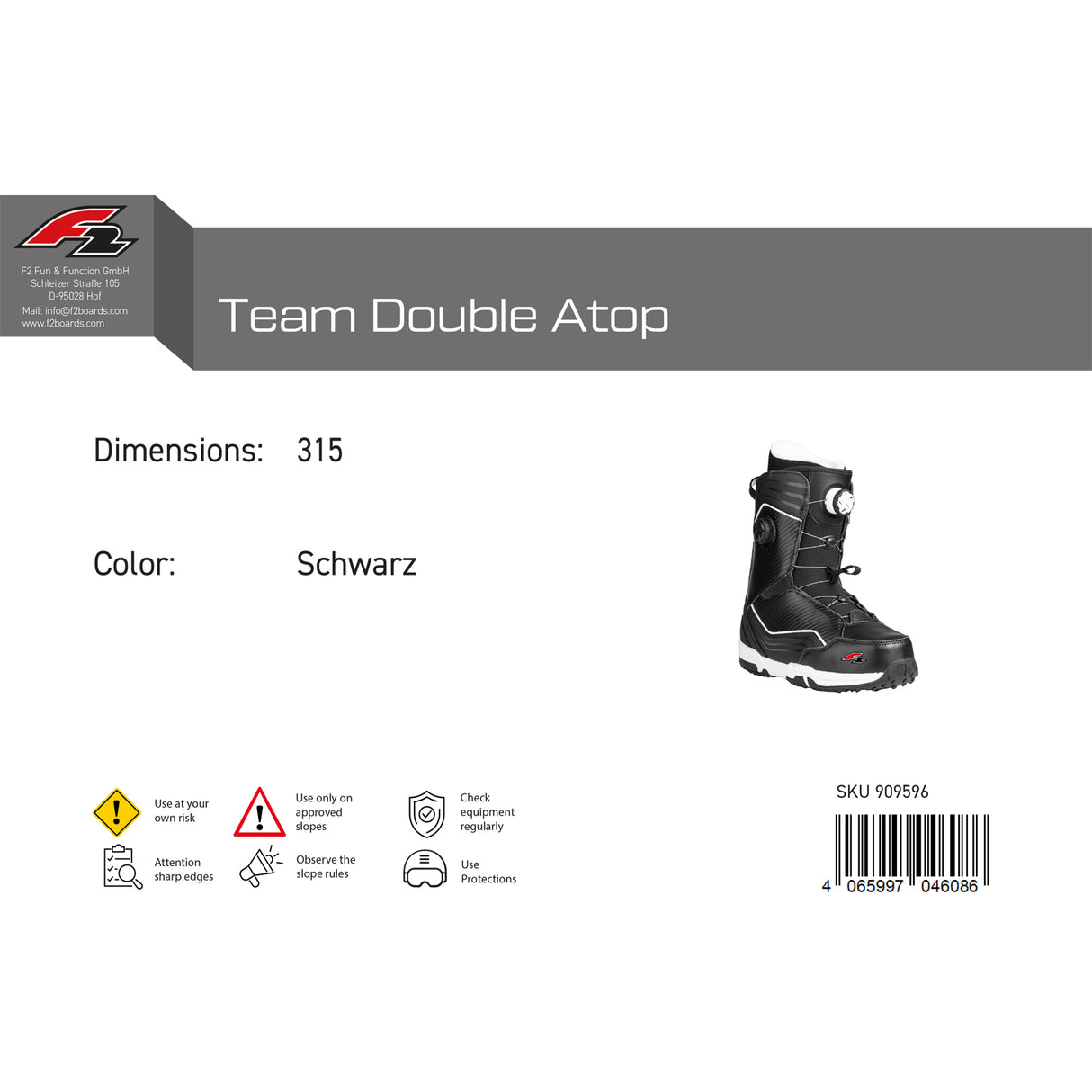 F2 Herren Snowboard Softboots Team Double Atop Größe wählbar Schwarz