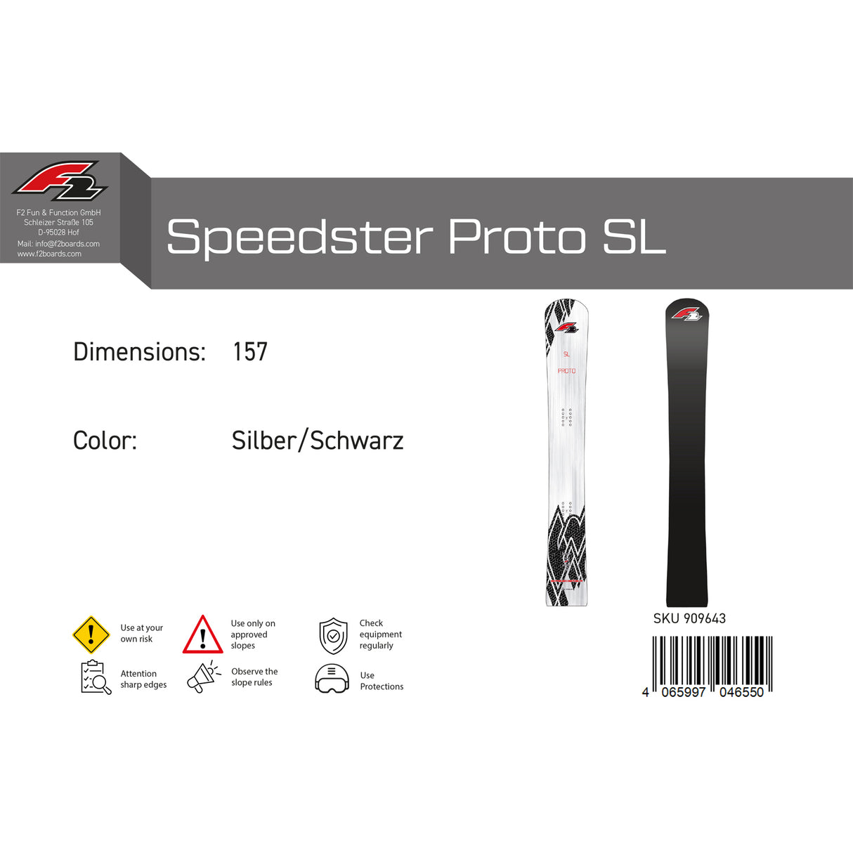 F2 Snowboard Speedster Proto SL Race Größe wählbar Silber/Schwarz 2024/25