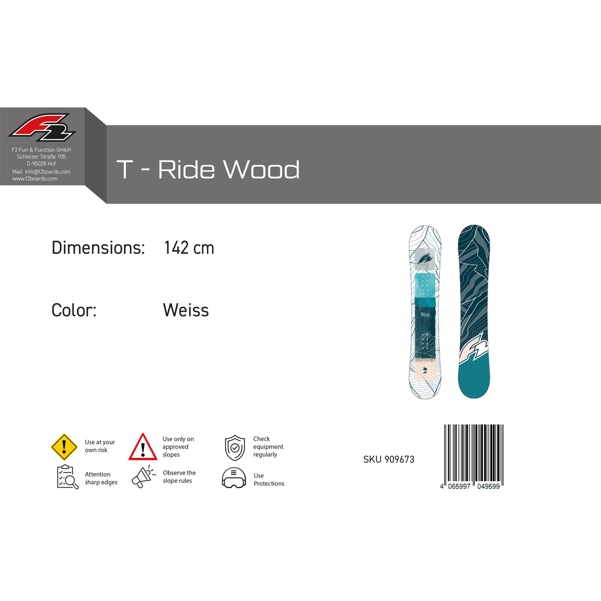 F2 Snowboard T - Ride Wood Freeride/Freestyle Größe wählbar Weiss 2025