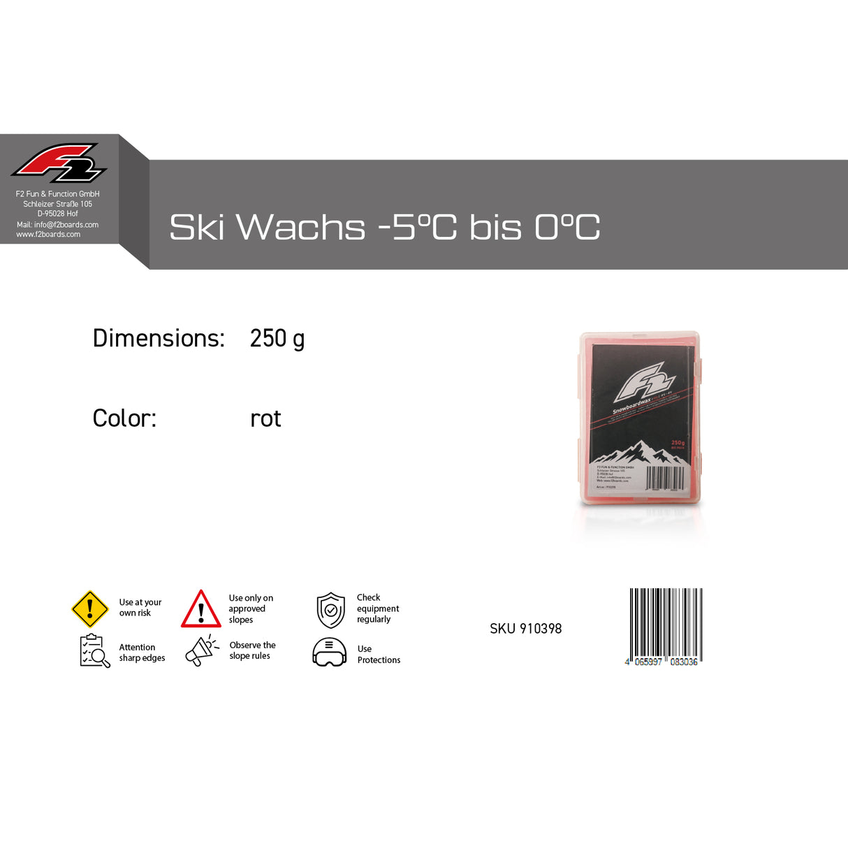 F2 Snowboard Zubehör Snowboard Ski Wachs 250g – Wachs Art wählbar