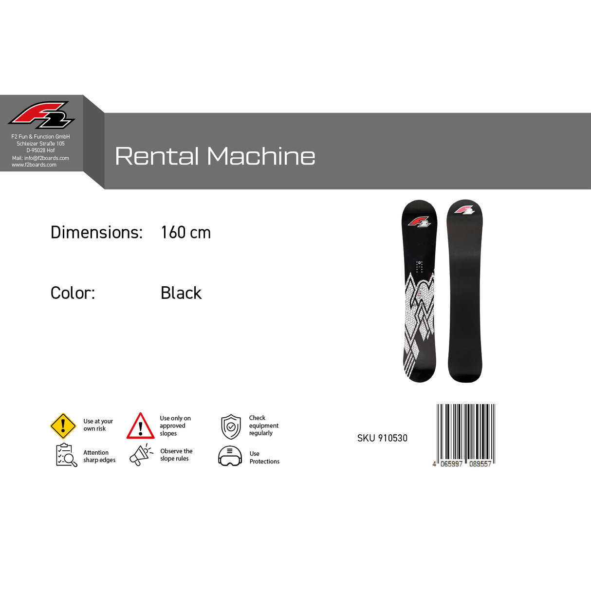 F2 Snowboard Rental Machine Schwarz - Größe wählbar